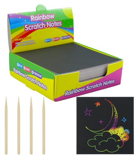 Zfseyuh Scratch Art Bambini,200 Pezzi Scratch Paper Scratch Art per Bambini e Adulti Fogli Neri da Grattare con 4 Stilo in Legno per Disegno,Giochi,Appunti