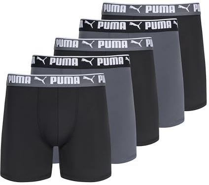 PUMA Men's 5 Pack Performance Boxer Briefs, Black/Grey, M