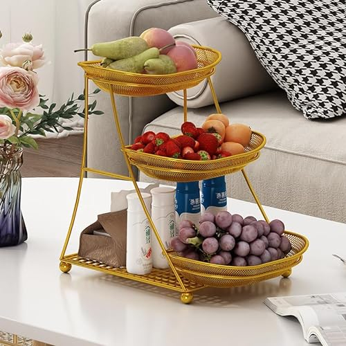 JUNYFFF Tiered Fruit Basket – 33X28x23cm – Modern Fruit Bowl Large 3 Tier – Fruit Basket Etagere in Metal for Keeping Fruit, Vegetables And Bread,Gold