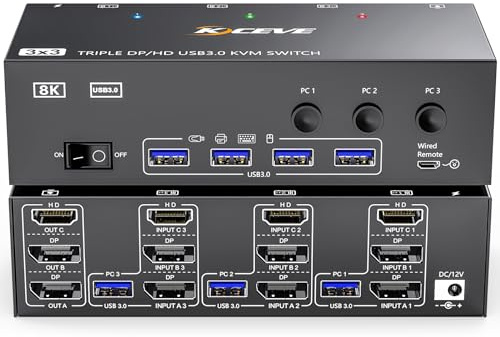 KVM Switch 3 Monitors 3 Computers 8K@60Hz, MLEEDA HDMI + 2* Displayport Triple Monitor KVM Switch,3 Monitor KVM with 4 USB 3.0 Ports for Keyboard Mouse Printer, Wired Remote and Power Adapter Included