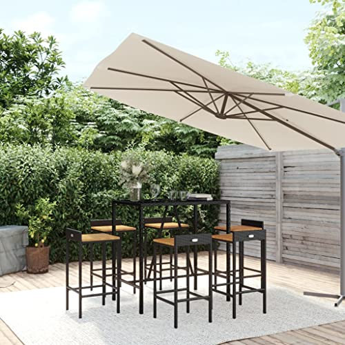 LXYZWRW Gartenmöbel-Set, 7-teilig, Polyrattan und Massivholz, Akazienholz, Gartenmöbel-Set, Schwarz