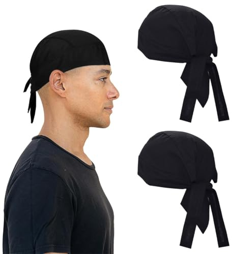 Paquete de 2 gorros de chef negros para adultos con correa ajustable, gorro de chef unisex para cocina debajo del casco, bandana para cocinar, pirata, senderismo, ciclismo, motocicleta y barco