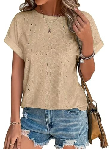Kfnire Magliette Donna Manica Corta Maglietta con Ricamo ad Occhiello Girocollo Camicia Donna Estiva Tee Maglietta Casual T-Shirt Blusa Elegante Traspirante Tinta Unita Tunic Tops di Base