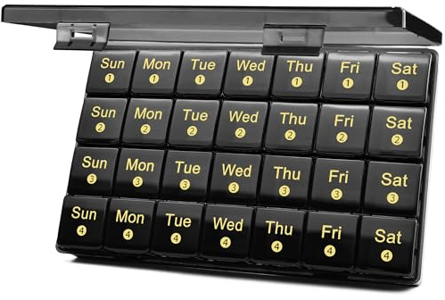 FHORAIN Monthly Pill Organizer 28 Day, 4 Weeks Pill Box 7 Day, XL Weekly Medicine Organizer for Vitamins, Fish Oil, Supplements(Black)