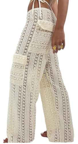 ticticlily Pantaloni Estivi Donna a Rete in Maglia Copritevi Svuotare Pantalone da Spiaggia Elastica a Vita Alta con Coulisse Bikini Cover Up Pants Copricostume all'Uncinetto A1 Albicocca S