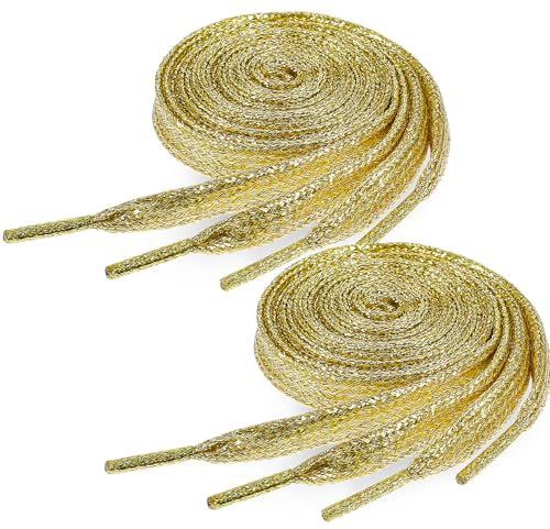 Ouligay 2 paires de lacets dorés à paillettes, 9 mm de large, 120 cm de long, lacets plats métalliques brillants pour chaussures de sport, baskets, course