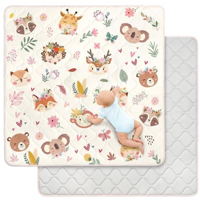 Baby Play Mats for Floor,127x127cm Foldable Playmat for Babies Toddlers,Thick Machine Washable Playpen Mat Pad,Soft Non-Slip Activity Mat for Crawling & Playing & Tummy Time,Boho Animal