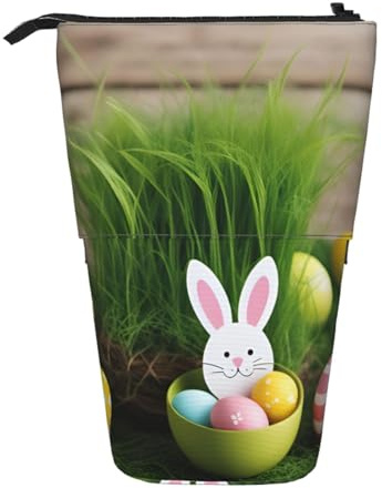 Sac à crayons télescopique en bois imprimé œuf de Pâques lapin herbe grande capacité Pop Up sac de rangement pour fournitures de bureau