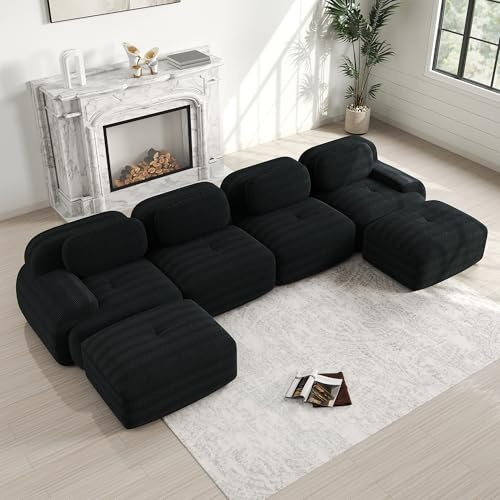 Divano ad angolo convertibile a 4 posti, Divano modulabile a U senza assemblaggio, divano a 4 posti, velluto a coste traspirante, rivestimento altamente elastico 32D, braccioli extra-large (Nero + 4
