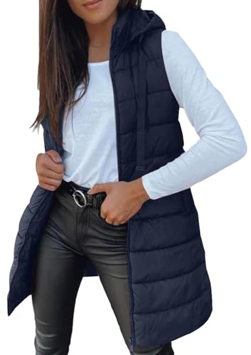 Quilted Gilet for Women UK Ladies Longline Hooded Puffer Jackets Padded Sleeveless Warm Bodywarmers Vest Lightweight Cozy Waistcoat Zipper Transitional Outerwear with Pockets Autumn Winter Navy L