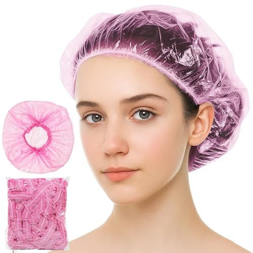 100 gorro de ducha desechables extra grandes gorras de plástico elastico e impermeable para el baño, cuidado capilar viajes unisex charlotte pelo – rosa