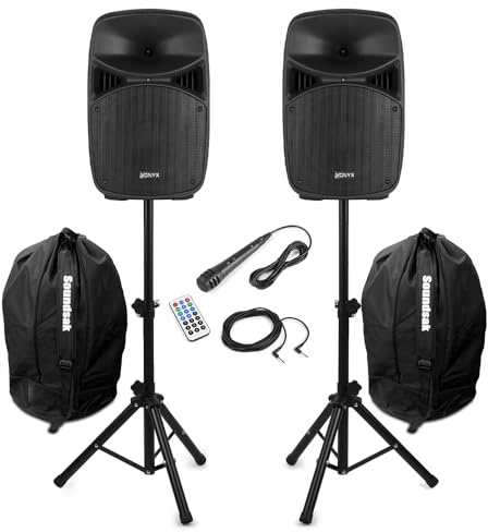 Vonyx VPS102A 10-Inch Active PA DJ Speakers with Bluetooth, LED Lights, Tripod Stands, Microphone & Carry Bags - 600W Compact DJ Speaker System for Parties, Karaoke & Events