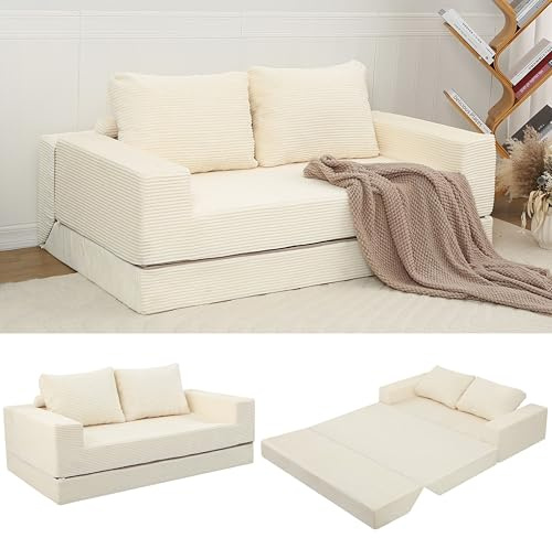 MeMoreCool Boneless Couch, Cord Faltbares Bodensofa mit Kissen, Ausziehbares Futon Schlafsofa, Bequemes Lounge-Sofa/Matratze/Gästebett für Wohnzimmer und Schlafzimmer, Beige