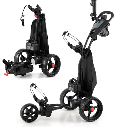 COSTWAY Elektrisk Golftsparkcykel, Vikbar Golfvagn med 3 Hjul, Justerbart Handtag och 9 Stegs Hastighet, Golfcaddy med Paraplyhållare, Mugghållare, Kylväska och USB-Port