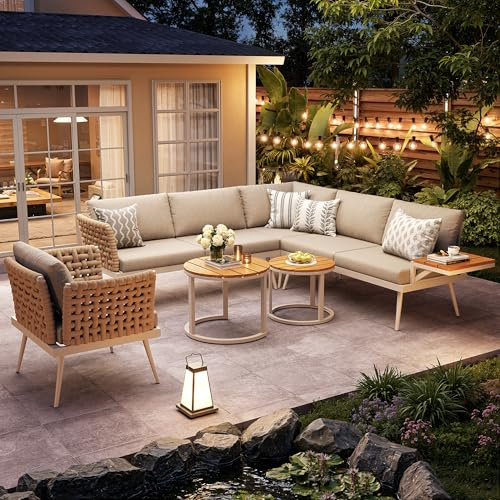 DACHETOU Set di divani da giardino per sei persone, a forma di L, colore beige, resistente alle intemperie, in ferro con braccioli intrecciati a mano, con 2 tavolini e poltrone in legno, con