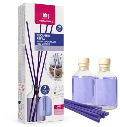 CRISTALINAS. Recambio x2 para Ambientador Mikado de Cubo de Madera. 0% Alcohol. Mas de 8 semanas de duración. 2x30ml. Aroma Lavanda. (2x30ml)