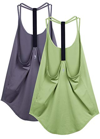icyzone Workout Tank Tops for Women - Gym Yoga Shirts, T-Back Sport Running Tank Top, 2-Pack (L, Purple/Pistachio Green)
