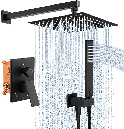 KES Unterputz Duscharmatur Set Duschkopf Regendusche Schwarz 3 Funktionen mit Handbrause Duschschlauch Duschset 10 Zoll Duschsystem Duschbrause Dusche Anti-Kalk-Düsen, X6230-BK