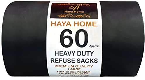 Haya Home - 60 bolsas de basura de plástico negro resistentes, bolsas de basura resistentes, rollo de 100 litros para cocina, hogar, oficina, jardín, hechas de material 100% reciclado