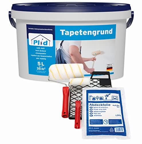 Plid® Tapetengrund Weiß matt Grundierung Haftgrund Tapeziergrund - Voranstrich zum Ausgleichen von Farbtonunterschieden des Untergrundes vor dem Tapezieren - Made in Germany 5l - Anstreichset