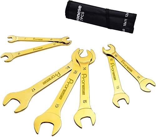 Pronese 7-teiliges superdünnes Maulschlüssel-Set, Titanbeschichtung, Karbonstahl mit Hochglanzpolitur, metrisch, einschließlich 6 ~ 19 mm, in einer Rolltasche platziert