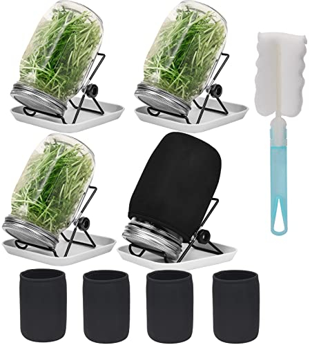 Bocal de germination de graines,4 pots Mason à large ouverture avec couvercles de germination en acier inoxydable 304, 1000ml, avec plateau, support, toile d'ombrage et brosse, germes de graines