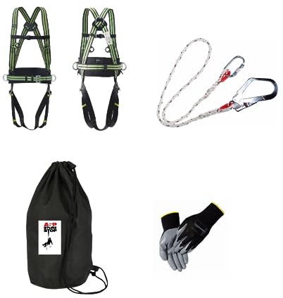 Absturzsicherung Fallschutz SET Auffanggurt inkl. Halteseil 1,6m, Arbeitshandschuhe, Baumpflege, Gerüst, Bühne
