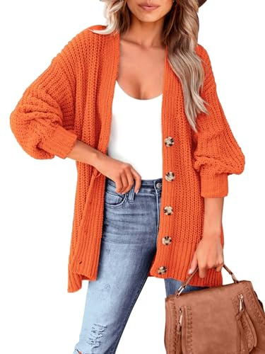 MASCOMODA Cardigan da donna a maniche lunghe oversize in maglia a trecce 2023 autunno aperto davanti abbottonatura giù cappotto capispalla in maglia grossa, Arancione, M