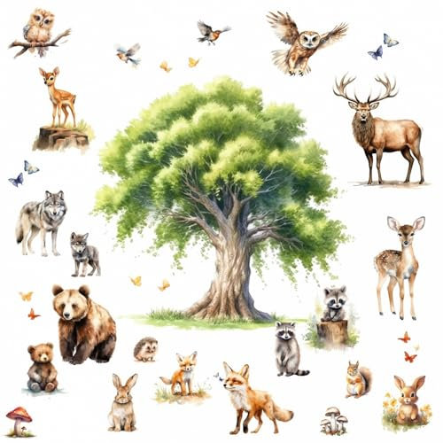 247 Wandtattoo Waldtiere Aquarell Baum Kinderzimmer Wanddeko Größe 750 x 420 mm