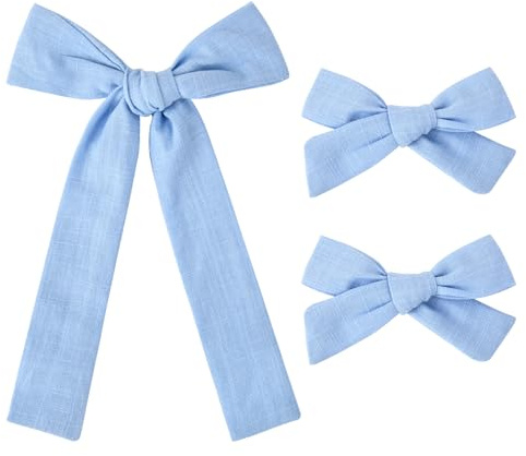 DEEKA Blue Cotton Linen Hair Bows 2 Sizes 5&3.5 Soft Hair Bow set for Toddler Girls Long Ponytail Knot Bows Alligator Clip Hair Accessories for Little School Girls (Blue)