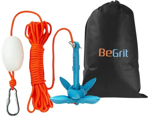 BeGrit Petite Ancre de Bateau kit Pliable Grappin Ancre en Acier Carbone pour canoë Jet Ski Sup & Paddle Board 0,7 Kilogram avec 10 m Ancre Corde de remorquage Sac de Transport,Bleu