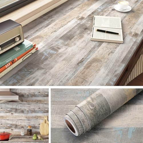 Livelynine Papier Peint Bois Rustique Papier Peint Adhesif Mural Cuisine Salle de Bain Effet Bois Marron Bleu Clair Papier Adhesif pour Meuble Porte Bureau Revêtement Plan de Travail Adhésif 40CMx2M