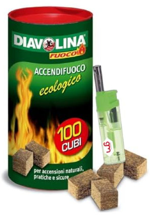 Diavolina Accendifuoco Ecologico 100pz, Accensione Istantanea Naturale Pratica Sicura per Camino, Stufa, Legna, Barbecue con Accendino GM (1 CF + accendino)