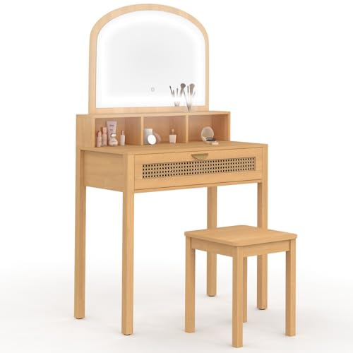 IDMarket - Tavolo da toilette EDHEN con specchio LED, 1 cassetto, 3 nicchie e sgabello in canna naturale ed effetto legno