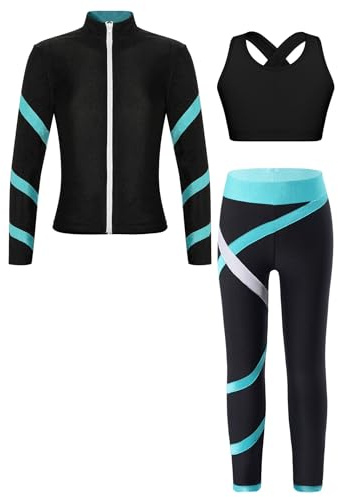 HULIJA Bambini Ragazze Tuta Sportiva Manica Lunga Strass Glitter Giacca + Reggiseno Sportivo Crossover + Pantaloni Tuta A Righe 3pc Abbigliamento Sportivo Blu verde 15-16 anni
