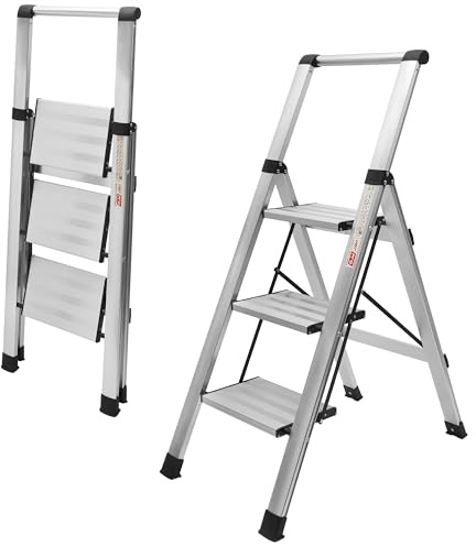 Escaleras Plegables Alumino, Escalera de Aluminio Plana Plegable y con peldaño Ancho, Ligera, Robusta y Resistente. Normativa EN-131, hasta 150kgs (Negro, 3 Peldaños)