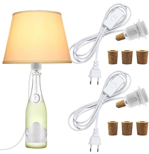 2 Pezzi Portalampada per Bottiglia con Interruttore e 3 Tappi di Tappo, Bianco Portalampada E27 con 240CM Cavo, Kit Adattatore per Lampada Bottiglia, DIY Lampada da Tavolo per Bottiglia di Vino