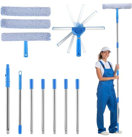3m Extendable Window Cleaning Pole, 2 in 1 Window Cleaning Equipment with 35cm Window Squeegee Tools and 38cm Scrubber Squeegee Cleaner Tool Kit for Home, Shower Glass, Car, RV
