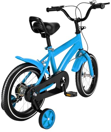 GIDRLL Barncykel, 14 tum, justerbar cykel, barn för pojkar och flickor från 2–4 år, med stödhjul och dubbelt bromssystem (blå)