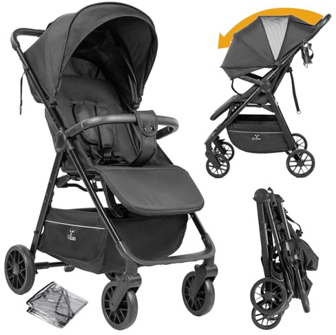 Magic ZC Ultraleichter Kinderwagen mit nur 4,6 kg, Buggy für Babys bis 15 kg, Reisebuggy mit Verstellbarer Liegeposition, Kompakter, Tragbarer, Zusammenklappbarer Kinderbuggy mit Zubehör (A8 Black)