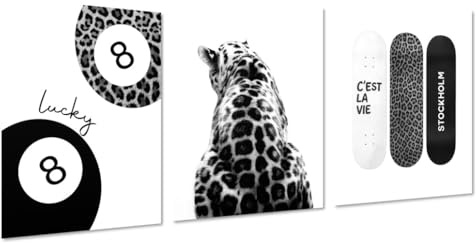MINI ZOZI Cheetah Wall Art 12x16 Leopard Stockholm Style Room Decor Canvas Set Of 3 Pictures Prints Girls Dorm Bedroom Trendy Posters Aesthetic Print 8 Ball Fashion Preppy Poster Black White