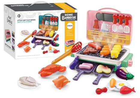 rongweiwang Barn Sensoriskt Kök Delight Grillspett Låtsas kryddor och färgskiftande brickor ingår Slitstark ABS-plast Magiska måltider Barngrill med rökljud, rosa