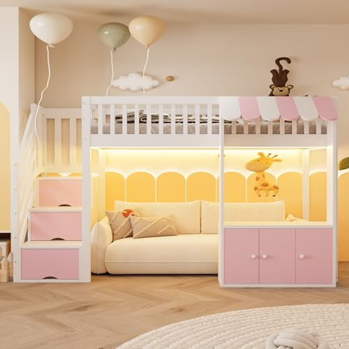Idemon Cama alta de madera, 90 x 200 cm, con armario de almacenamiento, escalera de almacenamiento, diseño de aleros, somier, cama individual, sin colchón (rosa)
