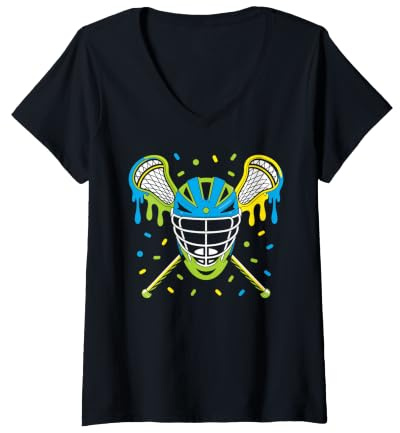 Women's Colorful Dripping Helmet Lacrosse Vibes V-Neck T-Shirt