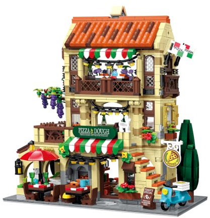 Geniteen Ensemble de Blocs de Construction pour Pizzeria Italienne, 1962 Pièces, Kit d'Architecture de Maison de Ville Restaurant Créatif avec Moto Modèle MOC à Monter Soi-Même Jouet DIY pour Adultes