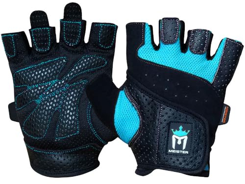 Meister MMA Dam Fit Grip tyngdlyftningshandskar W/tvättbart Amara läder medium svart/turkos