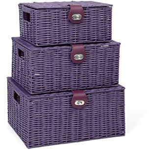 ARPAN Set of 3 Resin Woven Storage Basket Box With Lid & Lock (Purple)