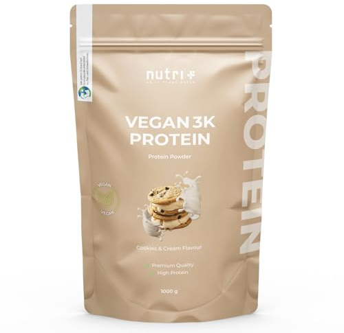 Nutri + Eiweißpulver Vegan Cookies & Cream 1 kg - 79% Eiweiß - 3k Protein Powder - Veganes Proteinpulver - Proteinisolat Pulver mit Keks Geschmack
