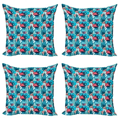 Ambesonne Tea Party Decorative Throw Pillow Case Pack of 4, Crockery Composition Abstract Overlapping Silhouettes Teapot and Cups, Cushion Cover for Couch Living Room Car, 18, Dark Coral Pale Blue