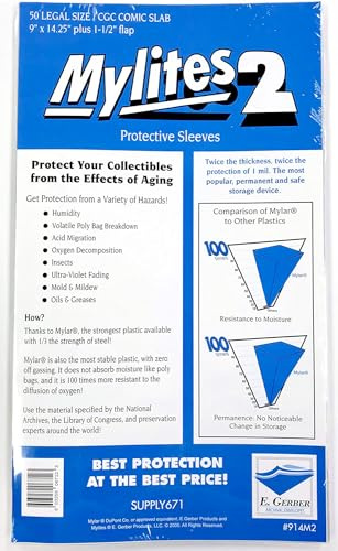 E.Gerber Mylites 2 Mylar Sleeves 914M2 for CGC Graded Comics CGC/CBCS Comic Slabs 9 x 14-1/4 - Pack of 50